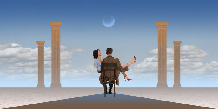 Couple, man and woman sitting on chair surrounded by classical columns under clear sky. Contemporary art collage. Romantic alternate reality. Concept of surrealism, creative vision. Poster