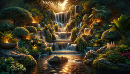 garden waterfall scene at dusk, with gentle cascades of water spilling over natural rocks into a tranquil - obrazy, fototapety, plakaty
