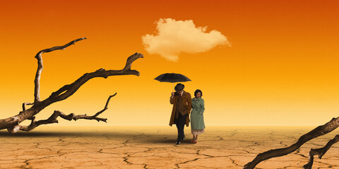Couple walking with umbrella in dry desert landscape, single cloud above. Contemporary art collage. Couple's journey through challenging times. Concept of surrealism, creative vision. Poster