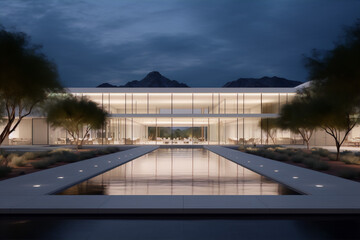 Modern architecture, exterior, pool, night, mountains, desert, minimal, clean lines, white