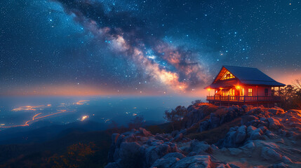 Beautiful night landscape with a wooden house on the top of the mountain. Camping on the beach. Night sky with stars and milky way. - Powered by Adobe