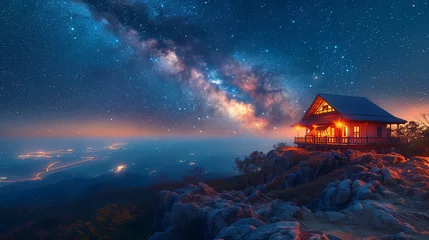  Beautiful night landscape with a wooden house on the top of the mountain. Camping on the beach. Night sky with stars and milky way. © Phichet1991