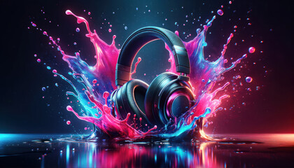 headphones with a sleek and stylish design, floating amidst a dynamic splash of neon pink and blue...