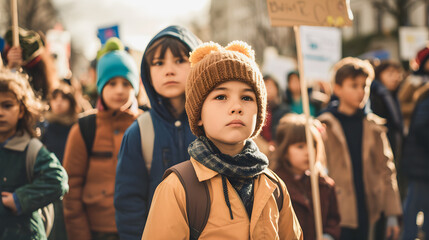 Fototapeta premium Group of children activist protesting with banner during a demonstration on the city street - Models by AI generative