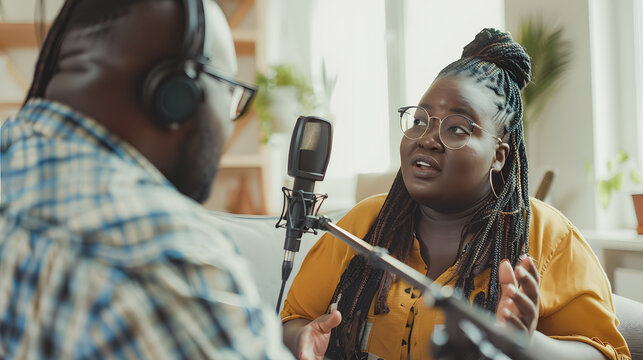 African people having fun talking on microphone inside studio while streaming online podcast - Black male host doing interview with curvy woman - Models by AI generative