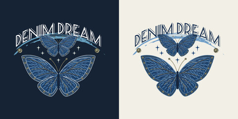 Denim label with blue butterfly, smudged, smeared paint, text Denim Dream. Vintage style. For clothing, t shirt, surface design.