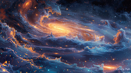 An illustration of celestial bodies dancing in the cosmos, reminiscent of Vincent van Gogh's Starry Night, with swirling galaxies and twinkling stars. Color palette dominated by deep blues, purples - obrazy, fototapety, plakaty