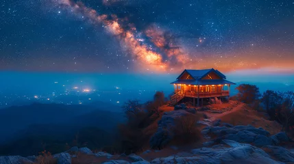 Poster Beautiful night landscape with a wooden house on the top of the mountain. Camping on the beach. Night sky with stars and milky way. © Phichet1991