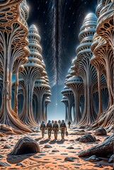 3D rendering of a group of people walking in a futuristic space.