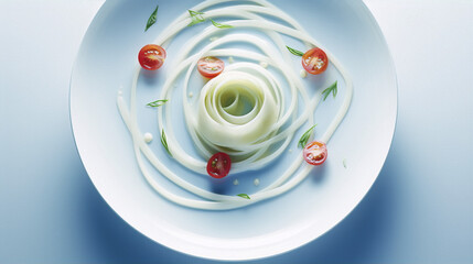 Abstract food art pasta with tomatoes and chives on a blue background.