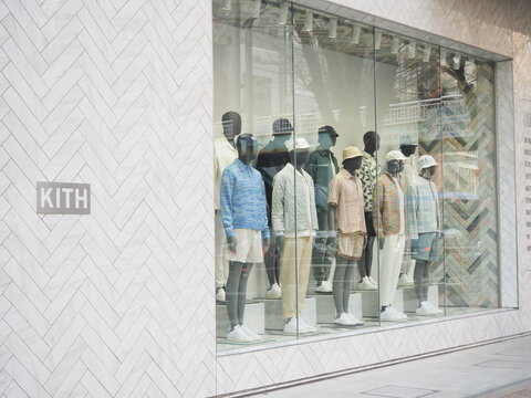 TOKYO, JAPAN - March 19, 2024: Display in the window of a Kith store in Tokyo's Shibuya area.