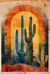 abstract boho style wall art with rainbow and cactus, earth tones