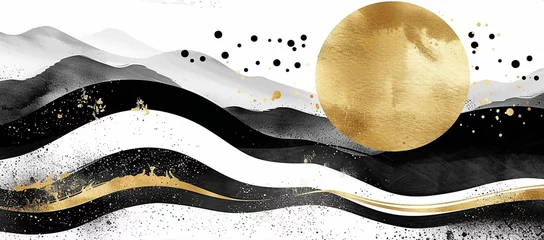Keuken spatwand met foto Abstract Gold and Black Waves, Artistic Elegance with White Accents © MarGa