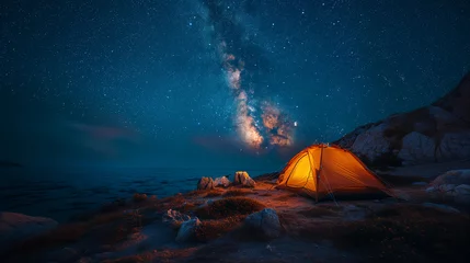 Foto op Canvas Beautiful night landscape with a wooden house on the top of the mountain. Camping on the beach. Night sky with stars and milky way. © Phichet1991