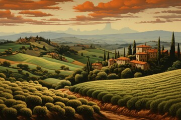 Lush Retro italian landscape view. House european. Generate Ai - obrazy, fototapety, plakaty