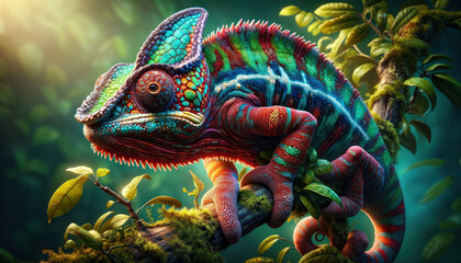 chameleon with highly textured and colorful skin. The chameleon is perched on a branch amidst lush...