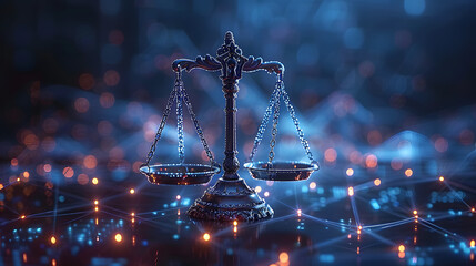 Scales of justice on a blue bokeh background with light effects. Legal concept design suitable for law-related presentations and banners with copy space - obrazy, fototapety, plakaty