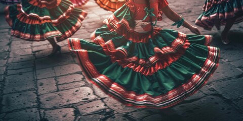 mexican girls dancing in traditional dresses on the stone-paved streets of the city for a holiday Cinco de Mayo, banner