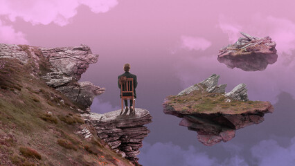 Lonely man sitting on chair on top of rock and watching on lake during dawn time, pink sky and cloud. Contemporary art collage. Inner world. Concept of surrealism, creative vision. Poster
