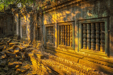 The hidden beauty of ancient temple ruins in the middle of jungle forest temple of Beng Mealea temple, Siem Reap, Cambodia. - 762358076