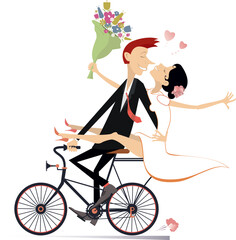 Happy married wedding couple rides a bicycle. 
Happy lovers characters. Happy bridegroom with a bride on the hand rides a bicycle. Isolated on white background
