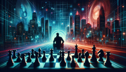 chess game set against a futuristic cityscape background with neon lights.