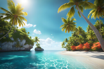 Beach paradise with swaying palm trees lining a turquoise ocean - obrazy, fototapety, plakaty