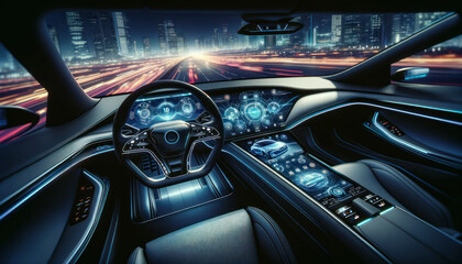 Obraz na płótnie Canvas futuristic car interior design at night, featuring a sleek dashboard with ambient lighting, the steering wheel has an advanced ergonomic design
