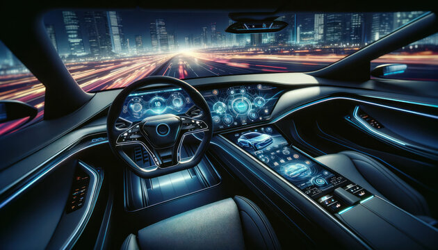 futuristic car interior design at night, featuring a sleek dashboard with ambient lighting, the steering wheel has an advanced ergonomic design