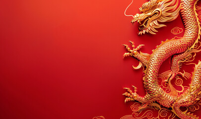 Obraz premium golden dragon on red wall
