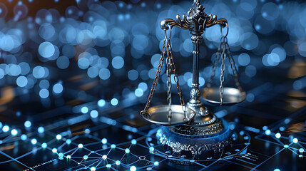Scales of justice on a blue bokeh background with light effects. Legal concept design suitable for law-related presentations and banners with copy space - obrazy, fototapety, plakaty