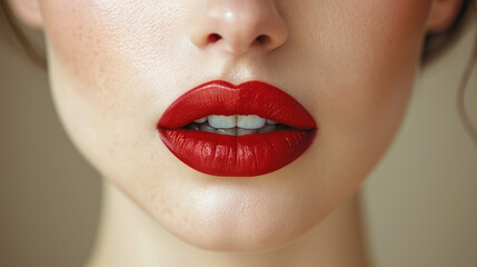 Sexy Red Lips close up. Beautiful Perfect Makeup. Beautiful red Lip Gloss. Cosmetic.mouth open, big lips. Cosmetic beauty procedures.