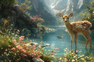 deer in the lake, fallow deer in the forest, deer, animal, wildlife, mammal, nature, fawn, wild, - obrazy, fototapety, plakaty