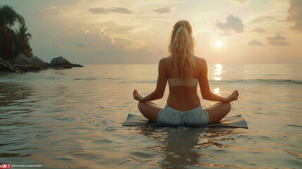 Caucasian woman practicing yoga at seashore .