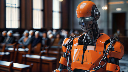 AI robot, depicted with chains around its body, sits in courtroom setting, representing theme of robots and AI facing legal accountability.
