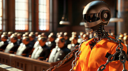 AI robot, depicted with chains around its body, sits in courtroom setting, representing theme of robots and AI facing legal accountability.
