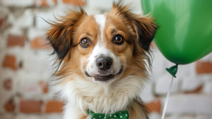 St. Patrick's Day Dog with green balloon, funny animal celebrating lucky Saint Patrick's Day with copy space.