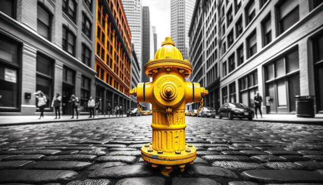 yellow fire hydrant centered on a cobblestone street with a selective color effect