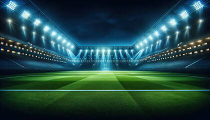 empty soccer stadium at night, with the grandstands illuminated by bright lights creating a vivid...