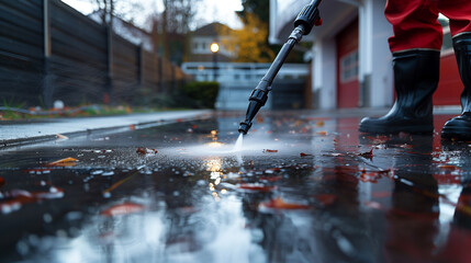Close up of worker cleaning driveway with gasoline high pressure washer .High pressure deep cleaning. Professional cleaning services.b - obrazy, fototapety, plakaty