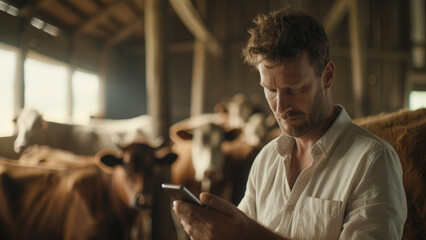 Agricultural Worker Engaged with Mobile Phone amidst Cows
 - obrazy, fototapety, plakaty
