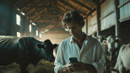 Farmer Checking Smartphone in Cattle Barn
 - obrazy, fototapety, plakaty