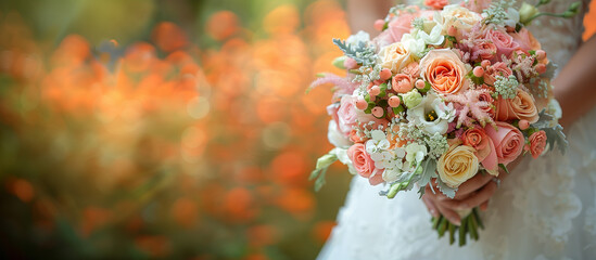 bride holding a bouquet of flowers in a rustic style, wedding bouquet, copy space.