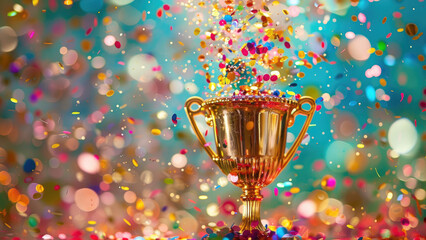 Golden Trophy of Victory Surrounded by Colorful Celebration Confetti