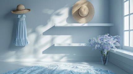 modern wardrobe with empty shelves and straw hat - obrazy, fototapety, plakaty