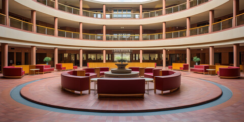 Modern architecture interior of a building with a circular seating area and a fountain in the middle