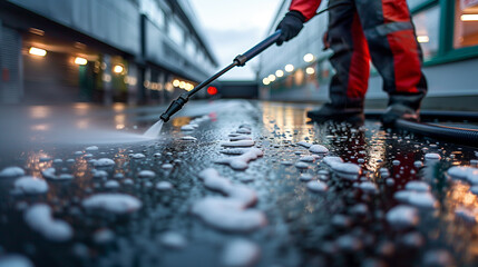 Close up of worker cleaning driveway with gasoline high pressure washer .High pressure deep cleaning. Professional cleaning services. - obrazy, fototapety, plakaty