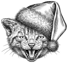 Obraz premium Vintage engraving isolated cat set dressed christmas illustration kitty ink santa costume sketch. Pet background kitten silhouette whisker new year hat art. Black and white hand drawn image