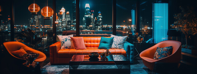 Futuristic living room interior with blue and orange accents and a view of the night city. - obrazy, fototapety, plakaty