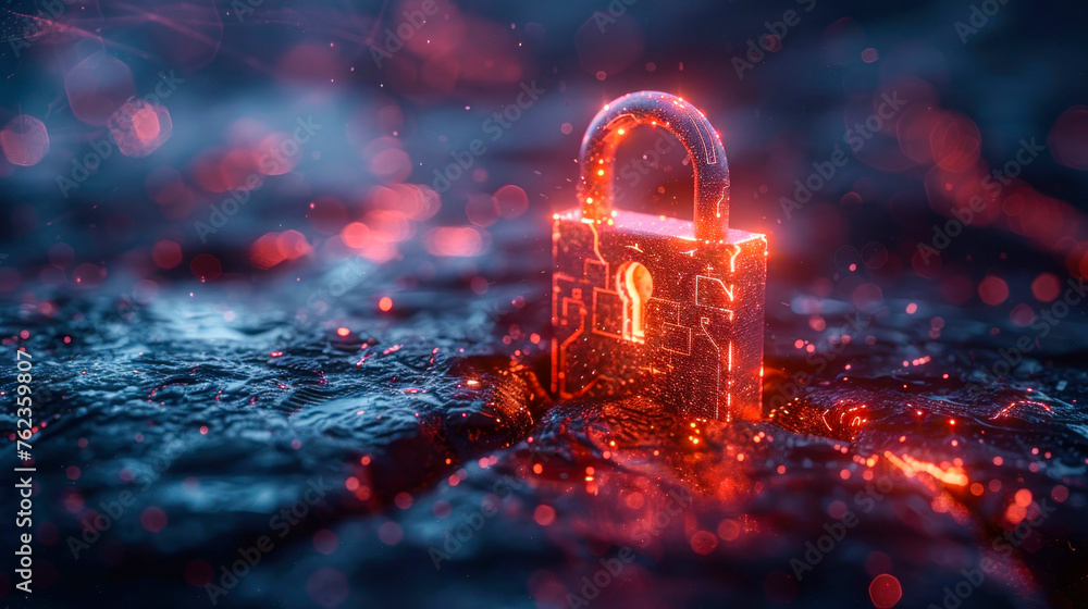 Poster a vibrant image showcasing a glowing digital padlock symbolizing cyber security on a textured digita